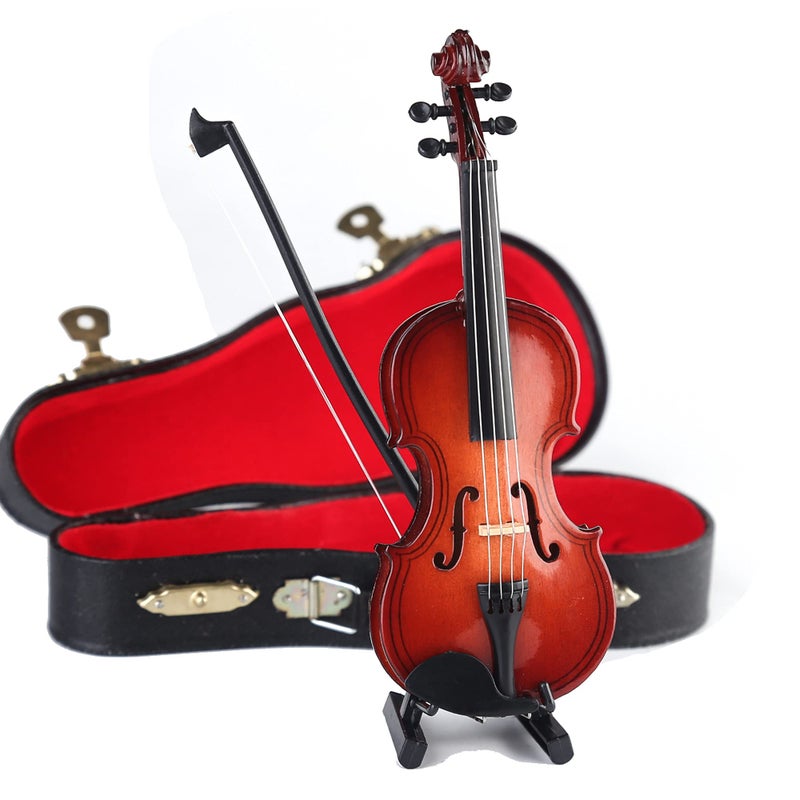 Dselvgvu Wooden Miniature Violin with Stand, Bow and Case Mini Musical Instrument Violin Replica Collectible Figurines Dollhouse Accessories Model Home Decoration Display Ornament (5.63"x2.05"x0.75") - Image 5